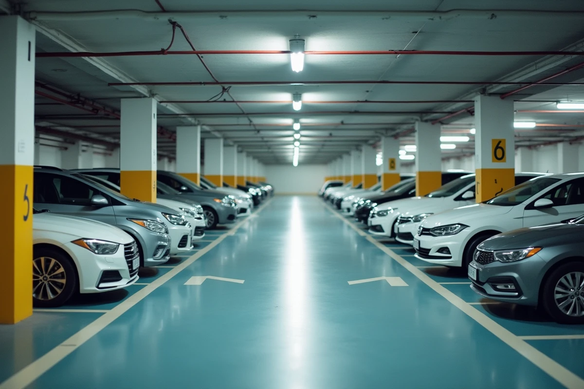 Intérieur d'un parking couvert à Colmar avec allées balisées, piliers numérotés et voitures garées