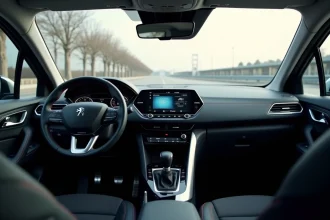 Intérieur de la Peugeot 308 avec tableau de bord numérique et grand écran tactile central, vue depuis le siège conducteur