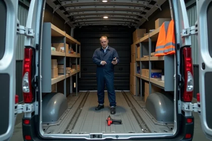 Intérieur d'un Renault Master mal aménagé avec des étagères mal installées et des outils en désordre, illustrant les erreurs courantes d'aménagement à éviter