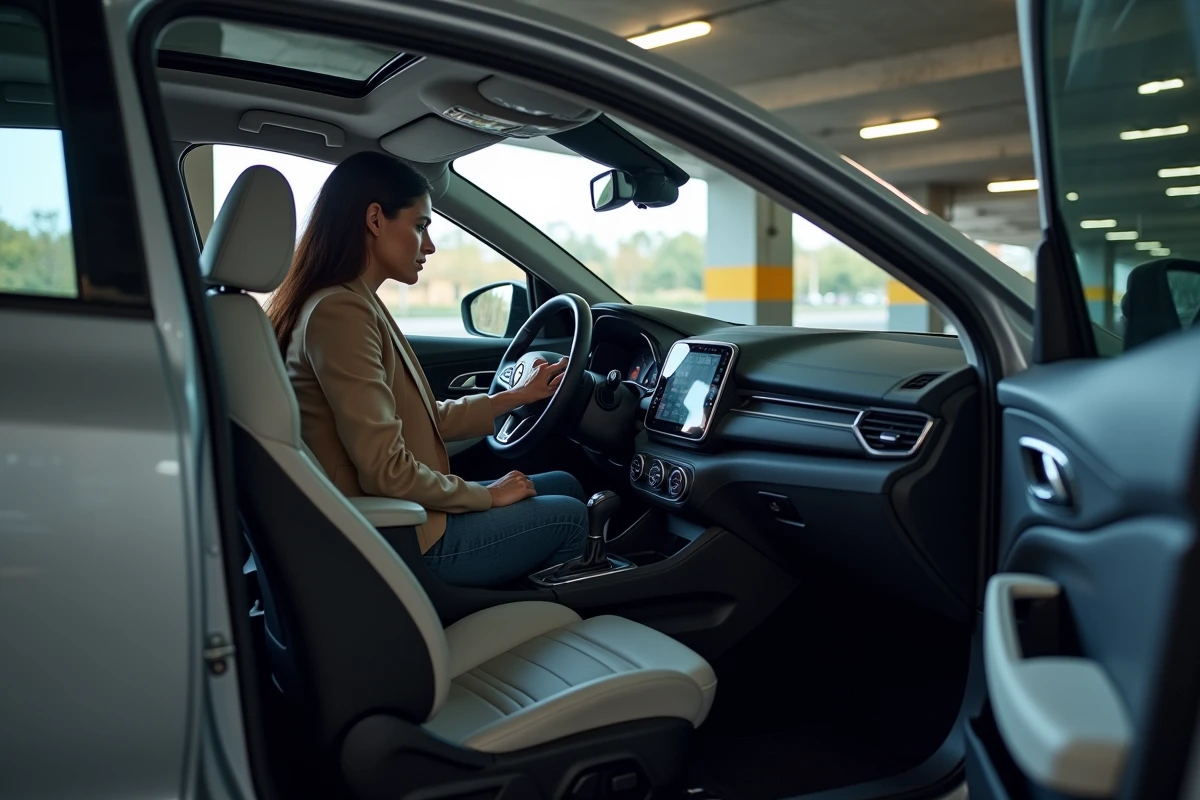 Femme assise dans l'habitacle de la Renault Mégane, vue extérieure trois-quarts avec porte ouverte et tableau de bord visible