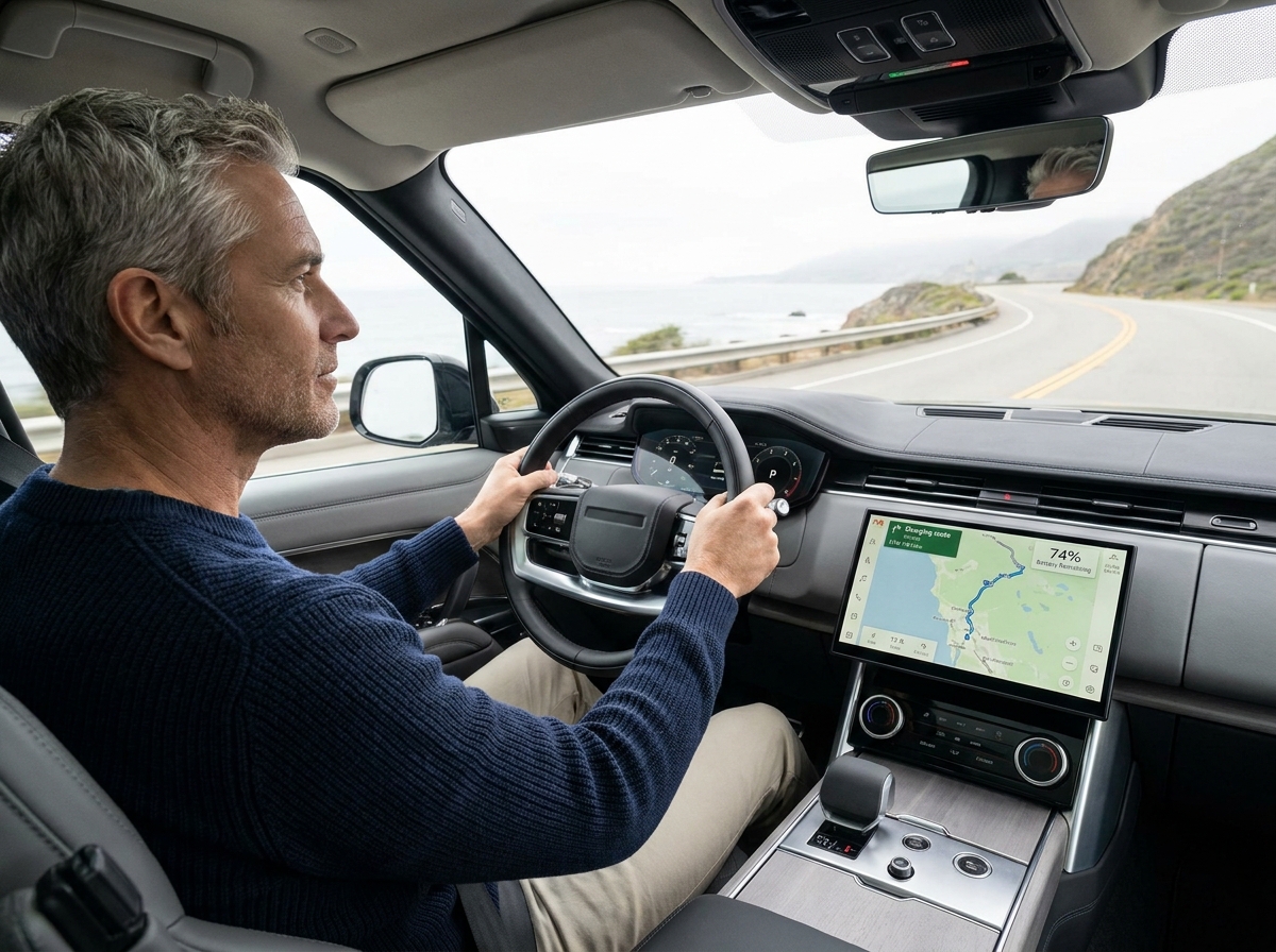 Conducteur dans un SUV électrique consultant l'écran de navigation et l'autonomie restante