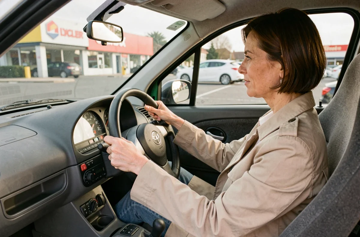 Femme au volant d'une voiture sans permis Ligier, vue de l'intérieur avec tableau de bord compact et siège en tissu