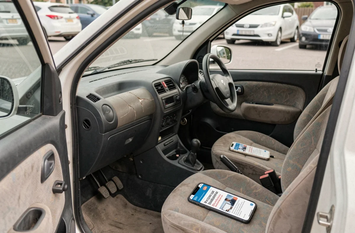 Intérieur usagé d'une voiture sans permis avec annonce en ligne sur smartphone pour achat occasion