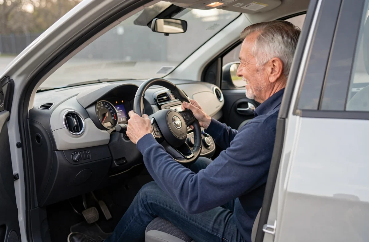 Intérieur moderne d'une voiture sans permis neuve avec tableau de bord compact