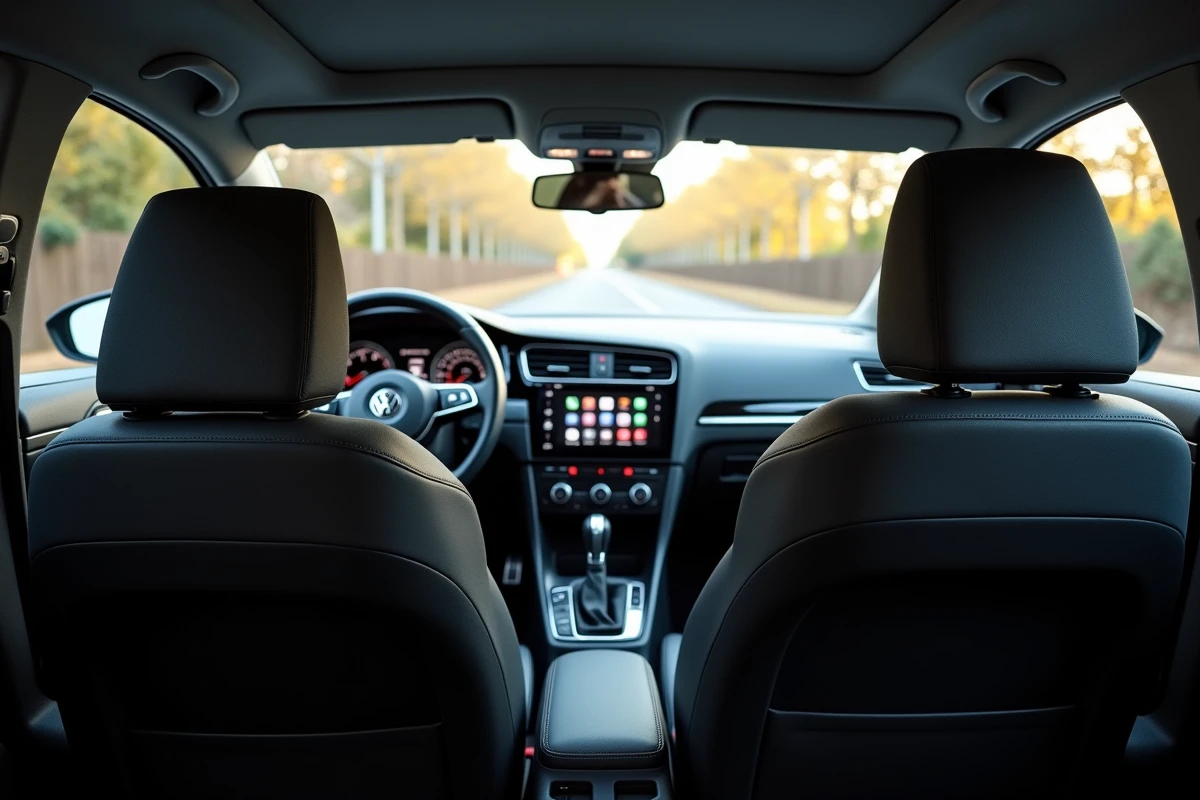 Habitacle de la Volkswagen Golf vue depuis la banquette arrière, avec console centrale et écran multimédia visible