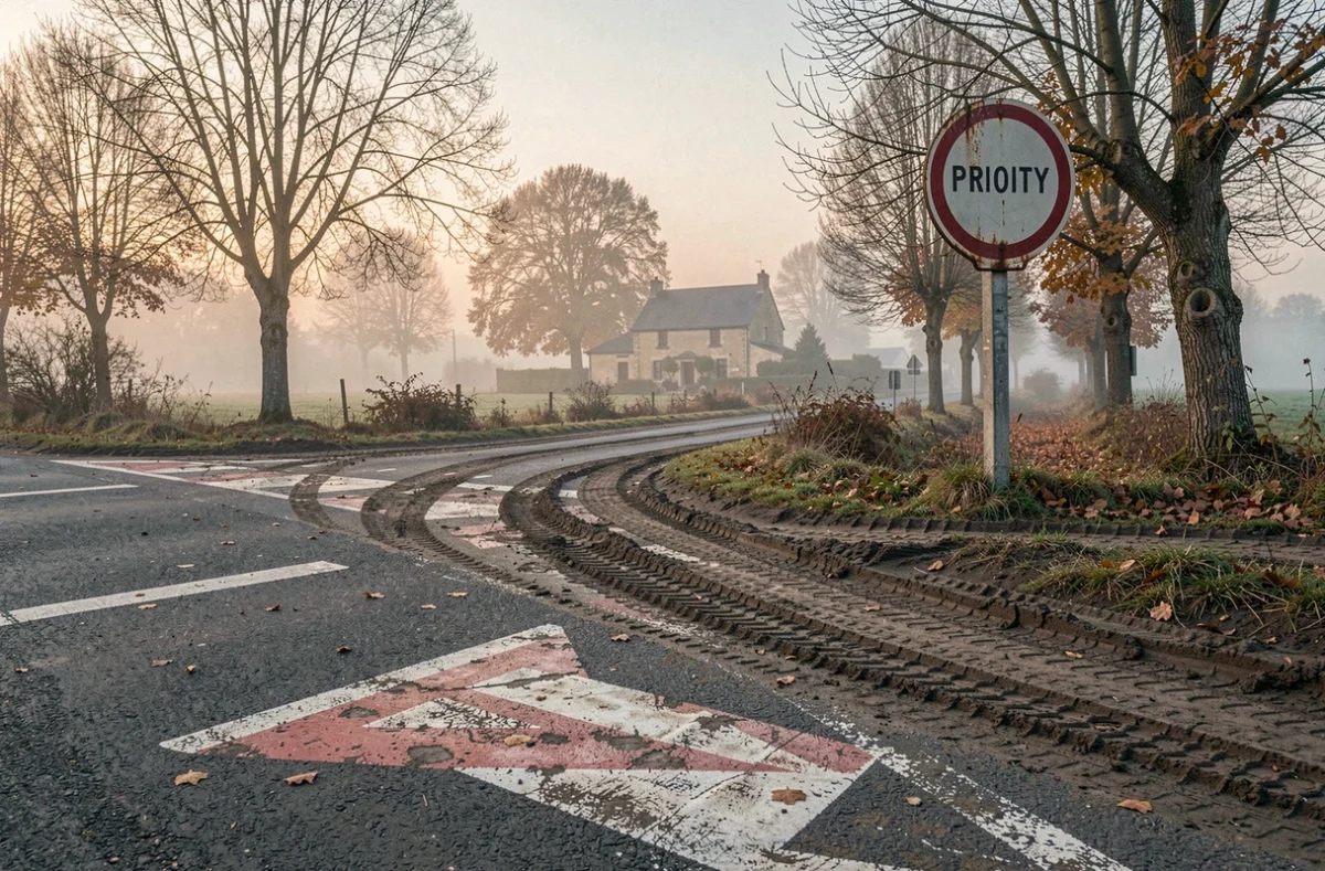 Intersection rurale avec panneau de priorité rouillé et marquages au sol effacés créant une zone de danger
