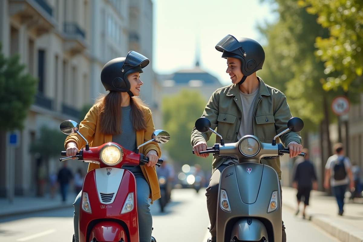 Jeune comparant scooter vintage et moderne en ville