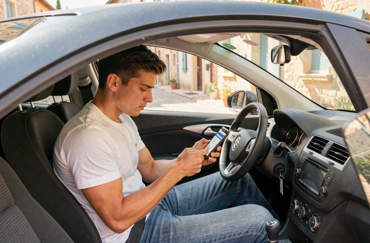 Jeune conducteur comparant des assurances auto sur son téléphone dans sa voiture à Draguignan