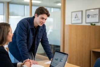 Jeune conducteur en rendez-vous avec un conseiller en assurance auto dans un bureau moderne et professionnel