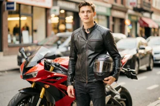 Jeune conducteur en blouson de moto noir debout à côté d'une moto sportive rouge en ville