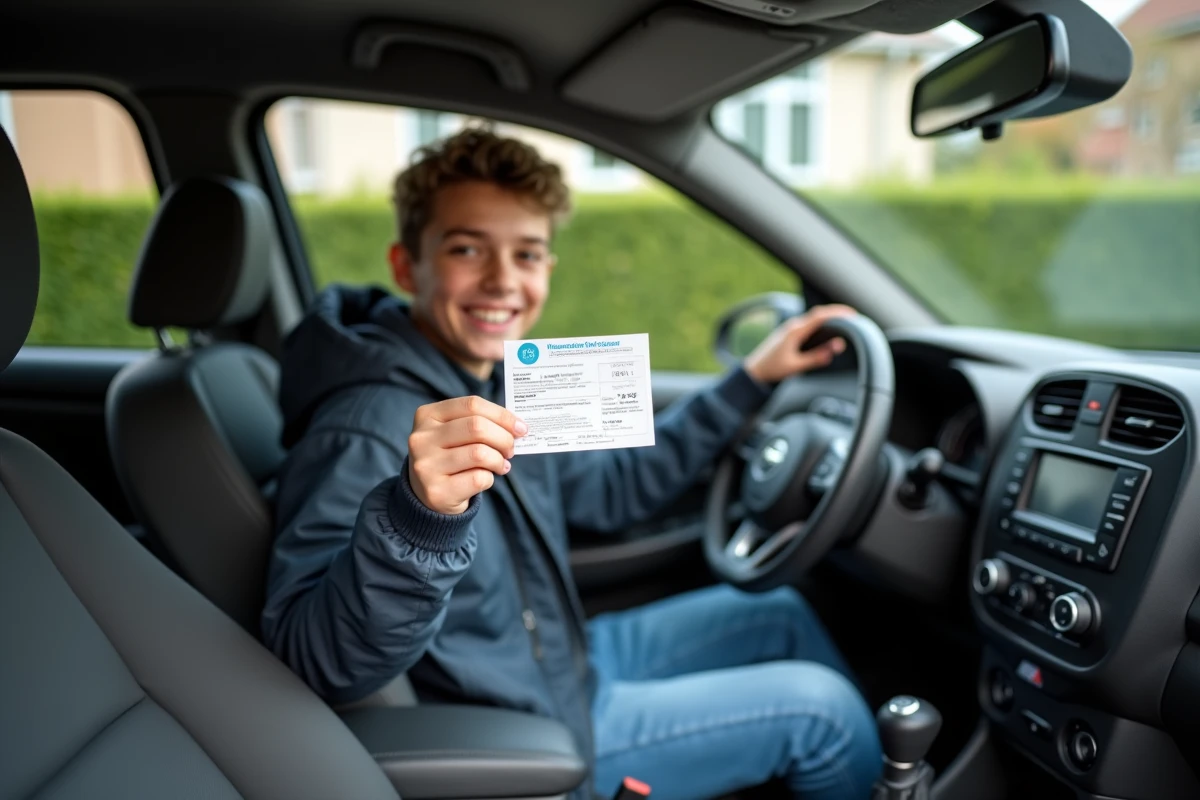 Jeune homme souriant avec son permis dans la voiture
