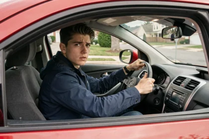 Jeune conducteur au volant d'une compacte rouge, concentré sur la route, intérieur réaliste et détaillé
