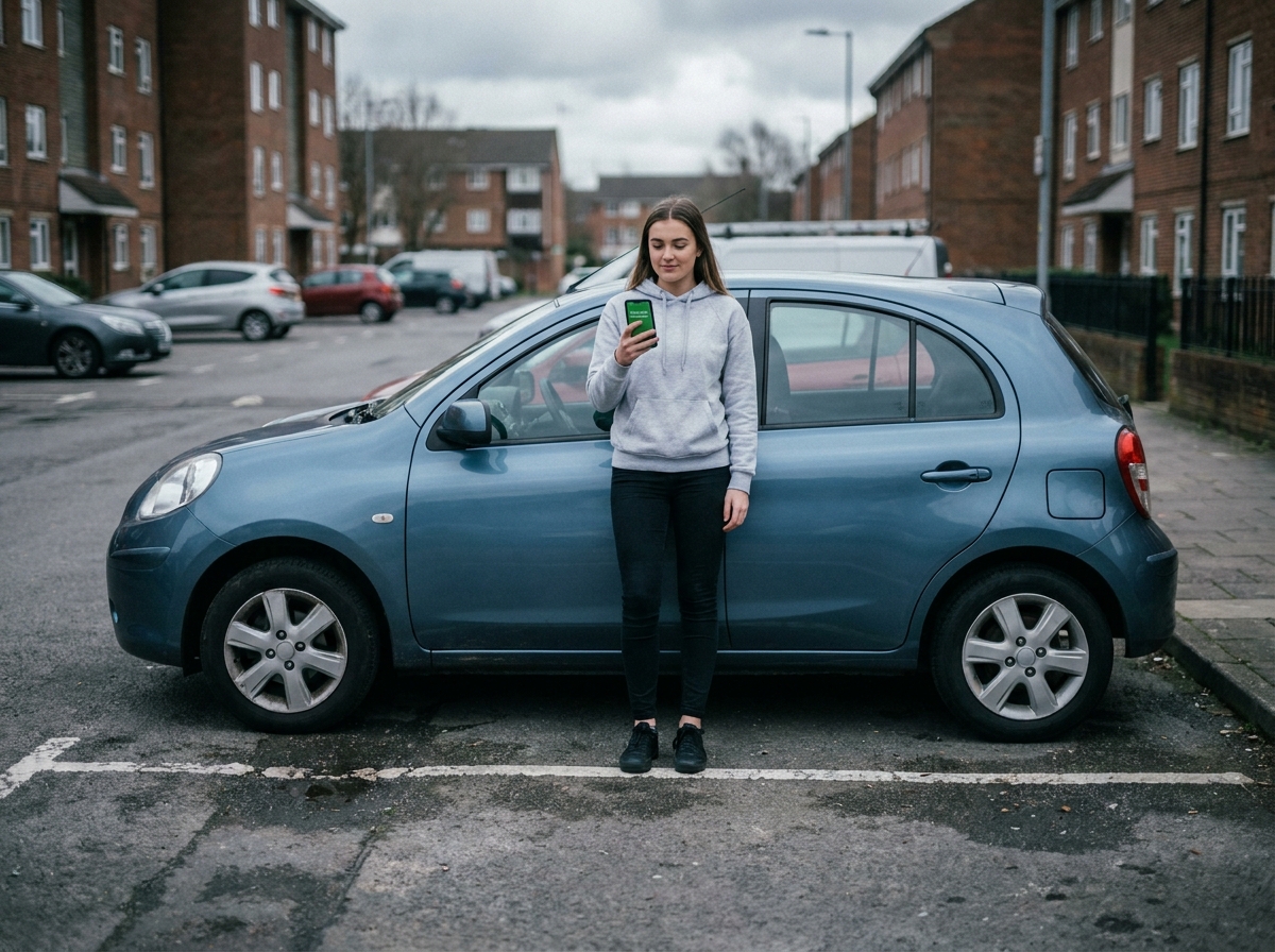 Jeune conductrice utilisant une application d'assurance auto sur smartphone à côté de sa voiture en ville