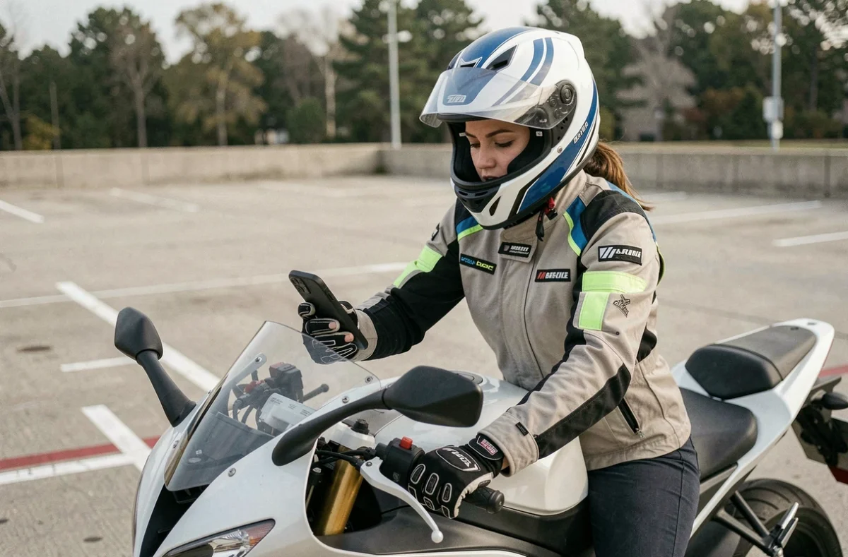 Jeune conductrice casquée sur une moto sportive dans un parking consulter son smartphone