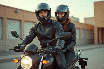 Jeune couple en équipement moto urbaine sur une moto moderne