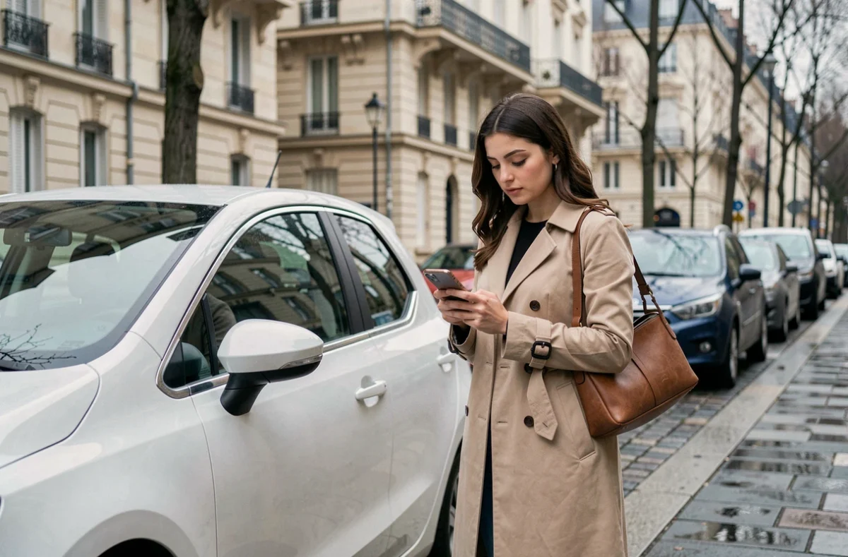 Jeune femme consultant son téléphone pour comparer des assurances auto, debout à côté d'une compacte blanche en ville