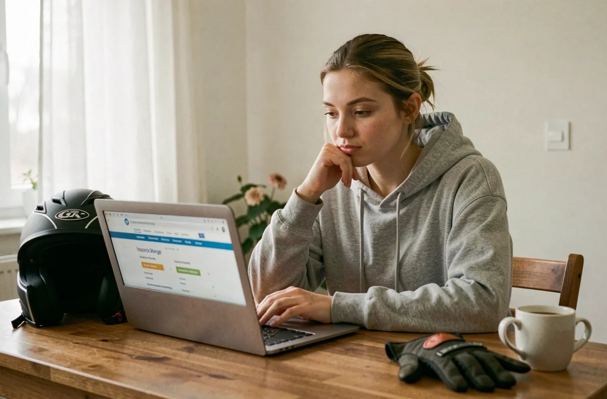 Jeune femme comparant des offres d'assurance moto sur un ordinateur portable chez elle après avoir obtenu son permis