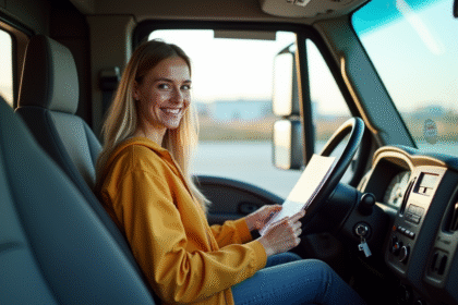 Jeune femme souriante dans une voiture moderne pour l'examen de conduite