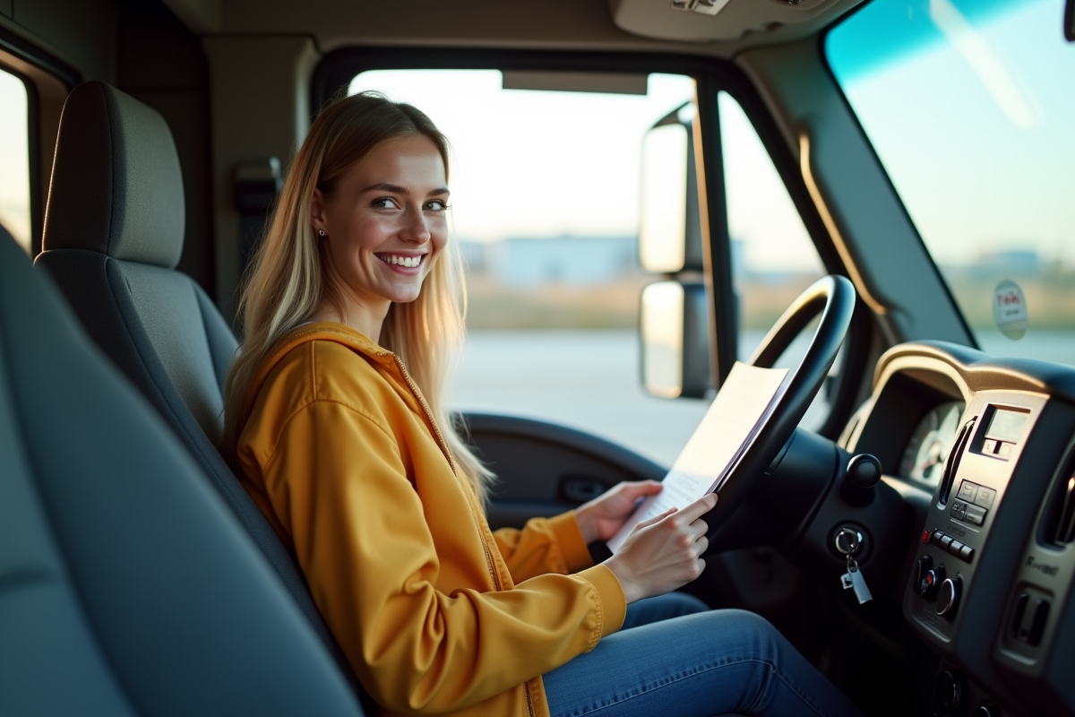 Jeune femme souriante dans une voiture moderne pour l'examen de conduite