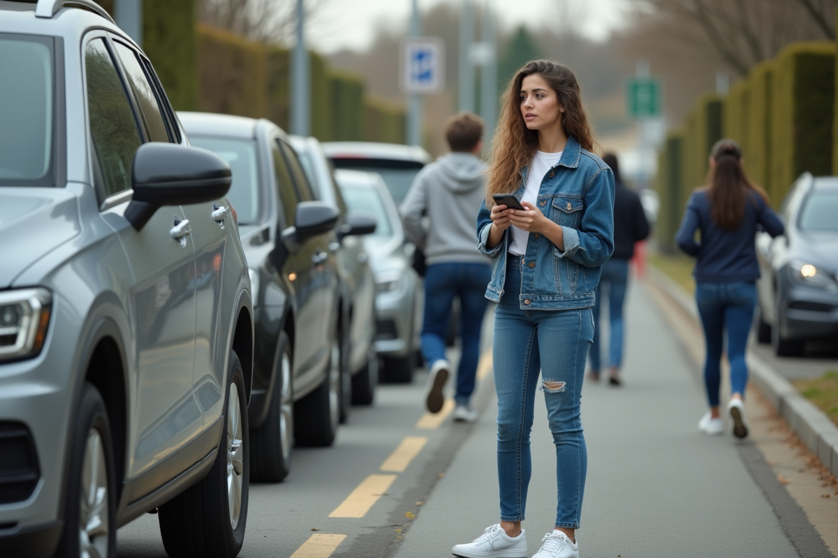 Jeune femme regardant son téléphone au contrôle routier