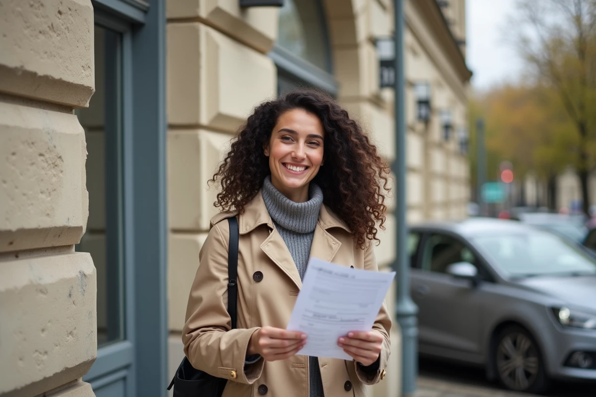 Jeune femme souriante tenant des documents devant un bâtiment administratif