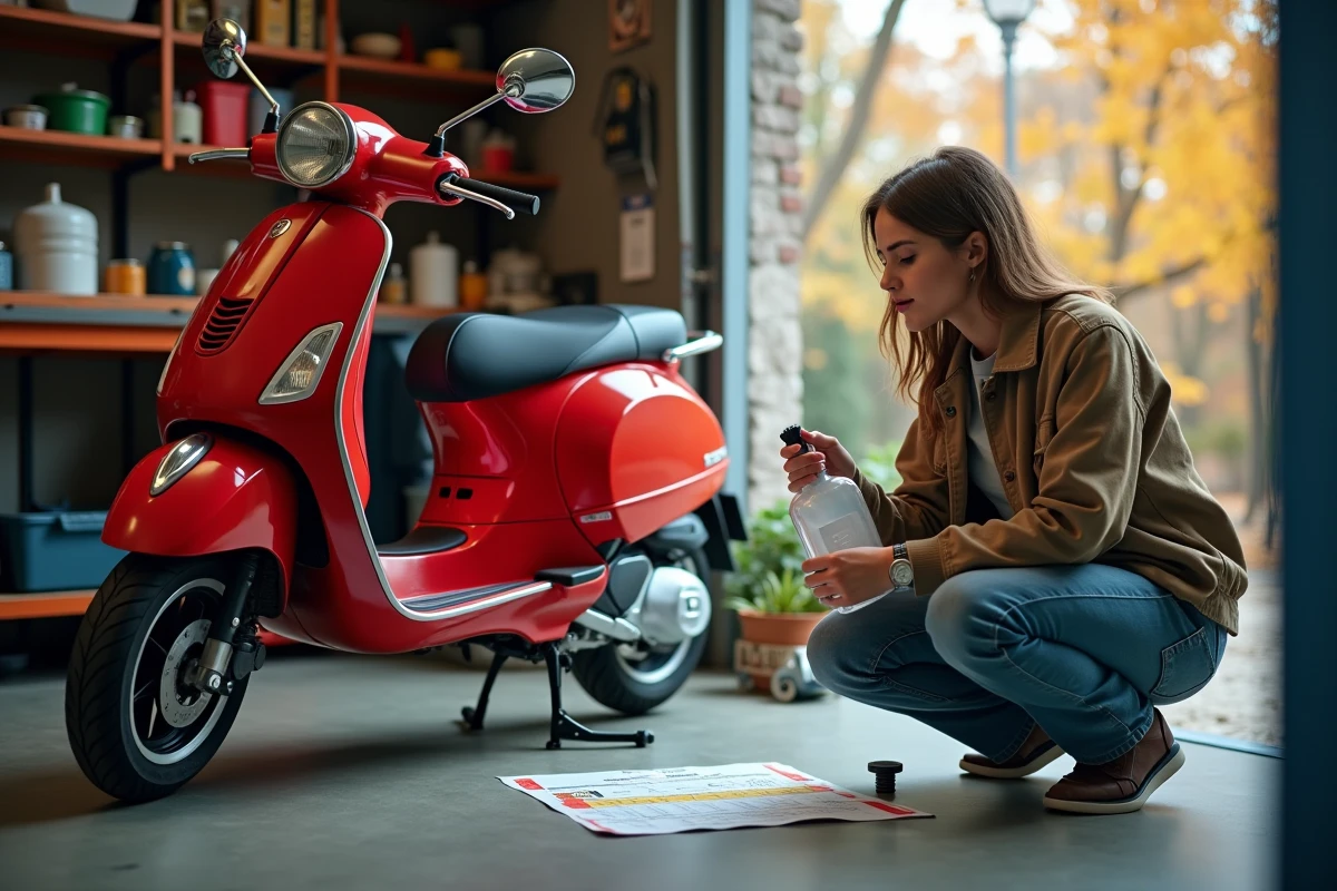 Jeune femme vérifie un graphique de mélange près d’un scooter rouge