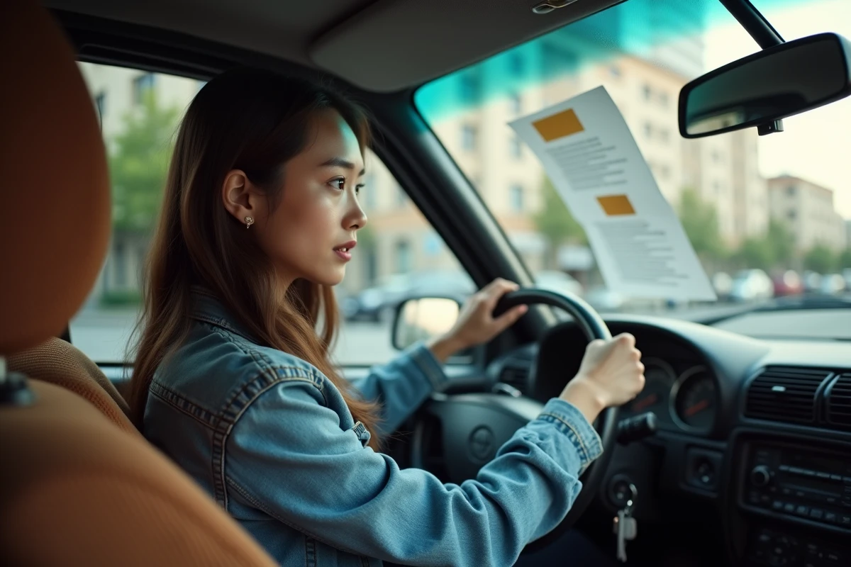 Jeune femme dans la voiture regardant un document