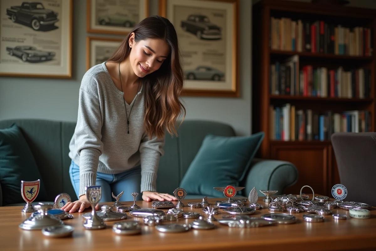 Jeune femme fascinée par des logos de voitures sur une table intérieure