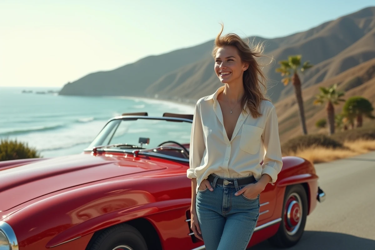 Jeune femme avec Mercedes rouge au bord de la côte californienne