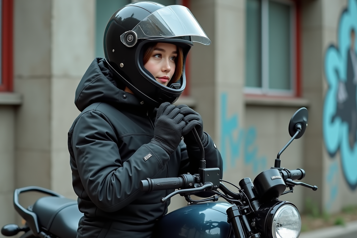 Jeune femme en équipement moto dans la ville