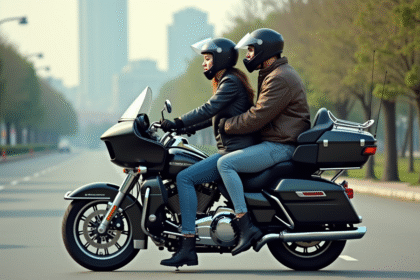 Jeune femme en moto en ville portant équipement de sécurité