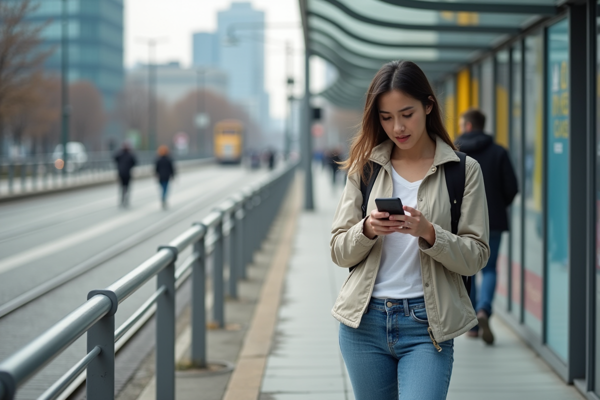 Jeune femme regardant son smartphone dans la ville