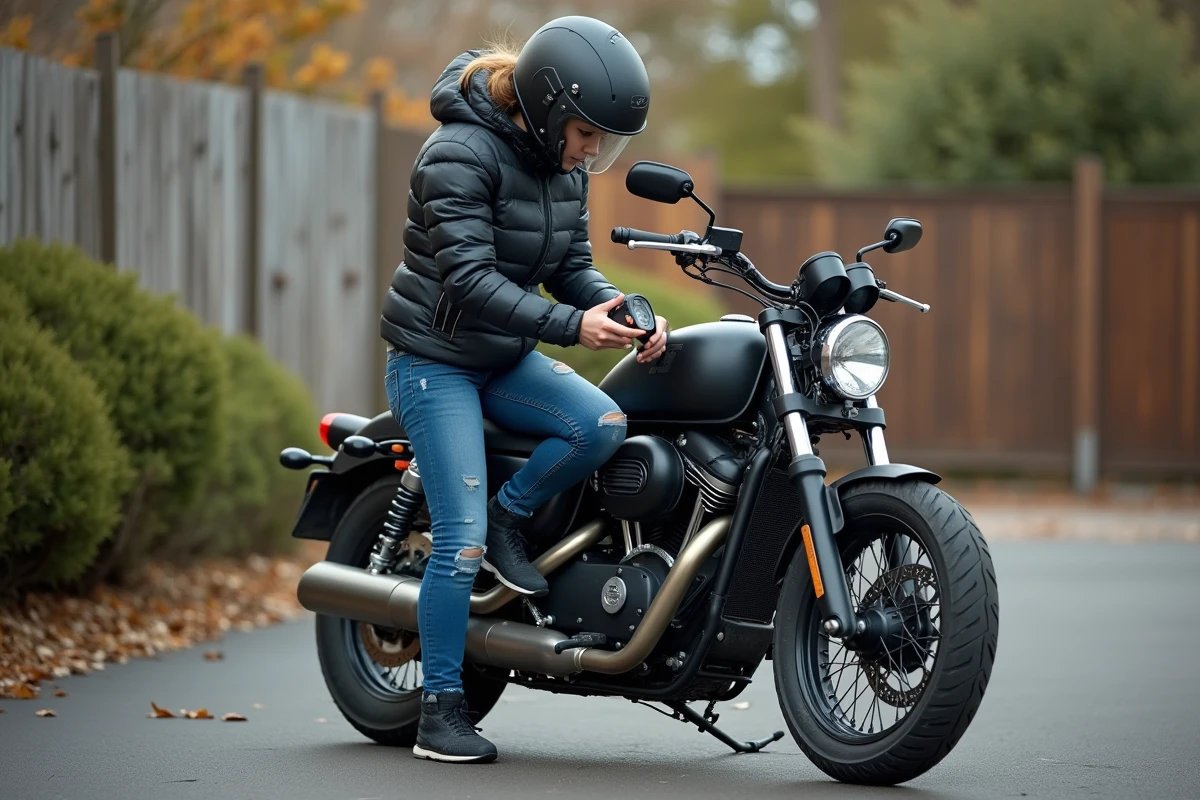 Jeune motarde vérifiant la pression de son pneu