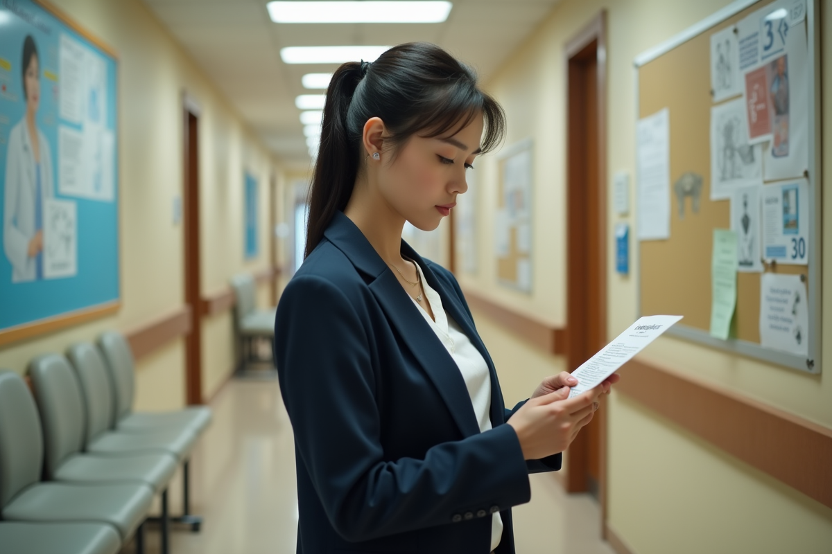 Jeune femme vérifiant un avis de rendez-vous médical dans le couloir