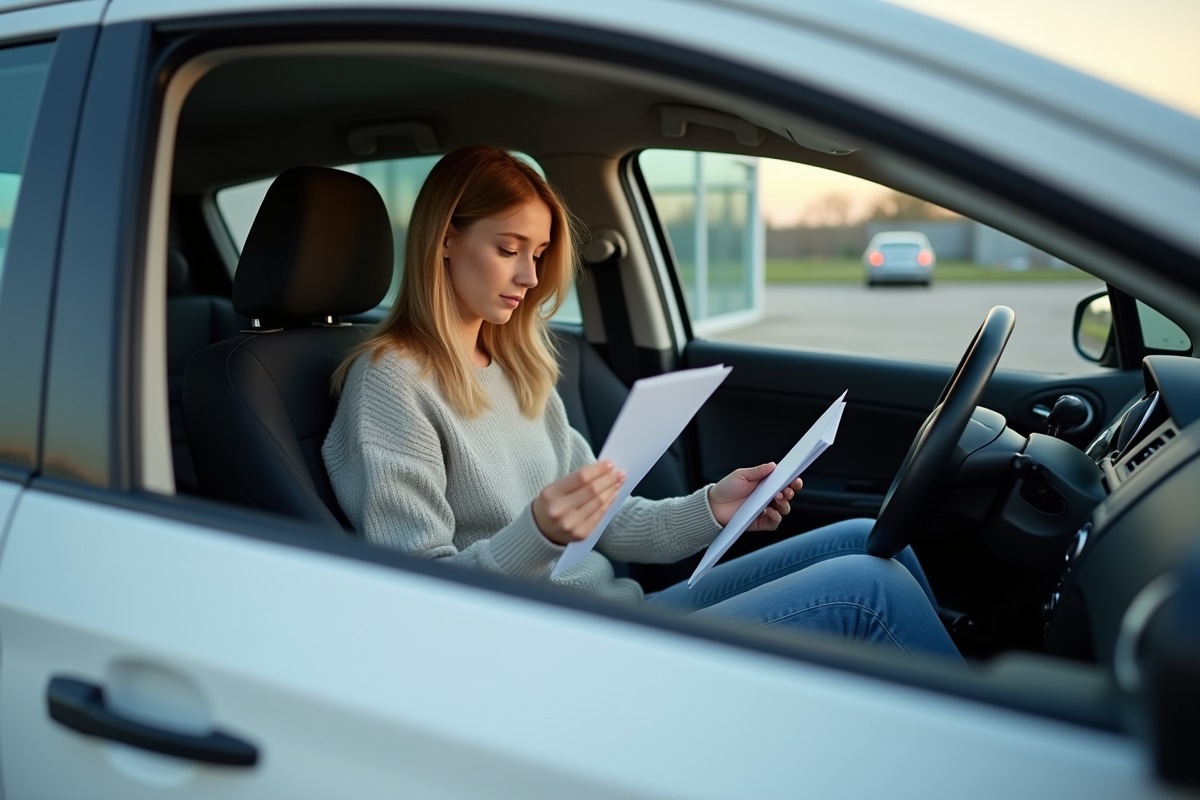Jeune femme vérifiant ses papiers dans une voiture moderne