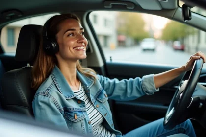 Jeune femme souriante dans sa voiture en ville