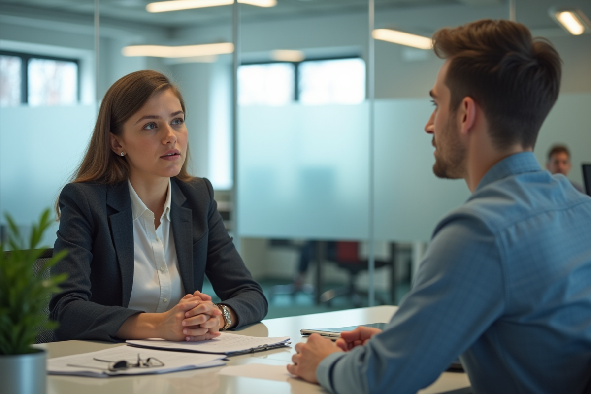 Jeune homme discutant avec un agent d