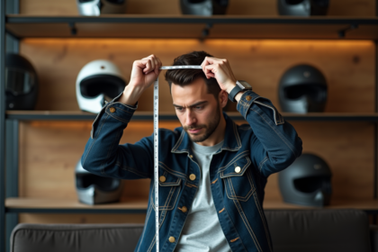 Jeune homme en moto shop mesure sa tête avec un mètre