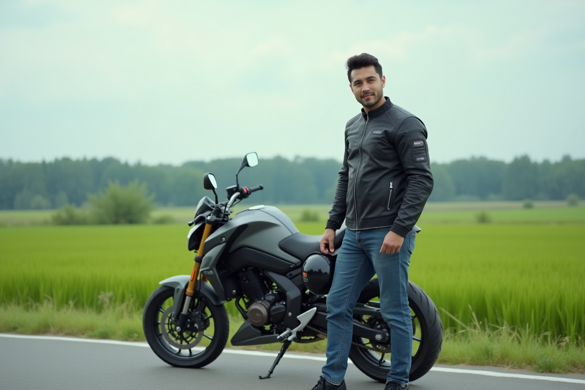 Jeune homme avec casque et moto 125cc en campagne