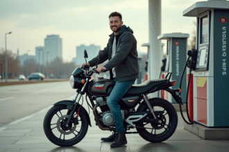 Jeune homme avec moto SP 125 au station service