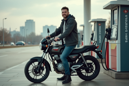 Jeune homme avec moto SP 125 au station service