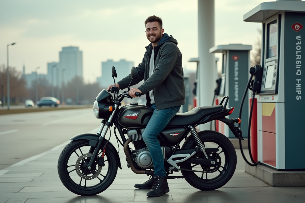 Jeune homme avec moto SP 125 au station service