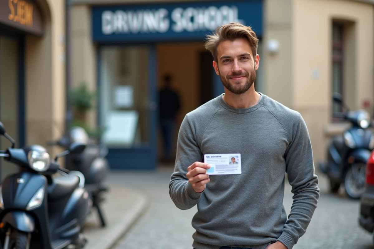 Jeune homme souriant avec permis de conduire neuf