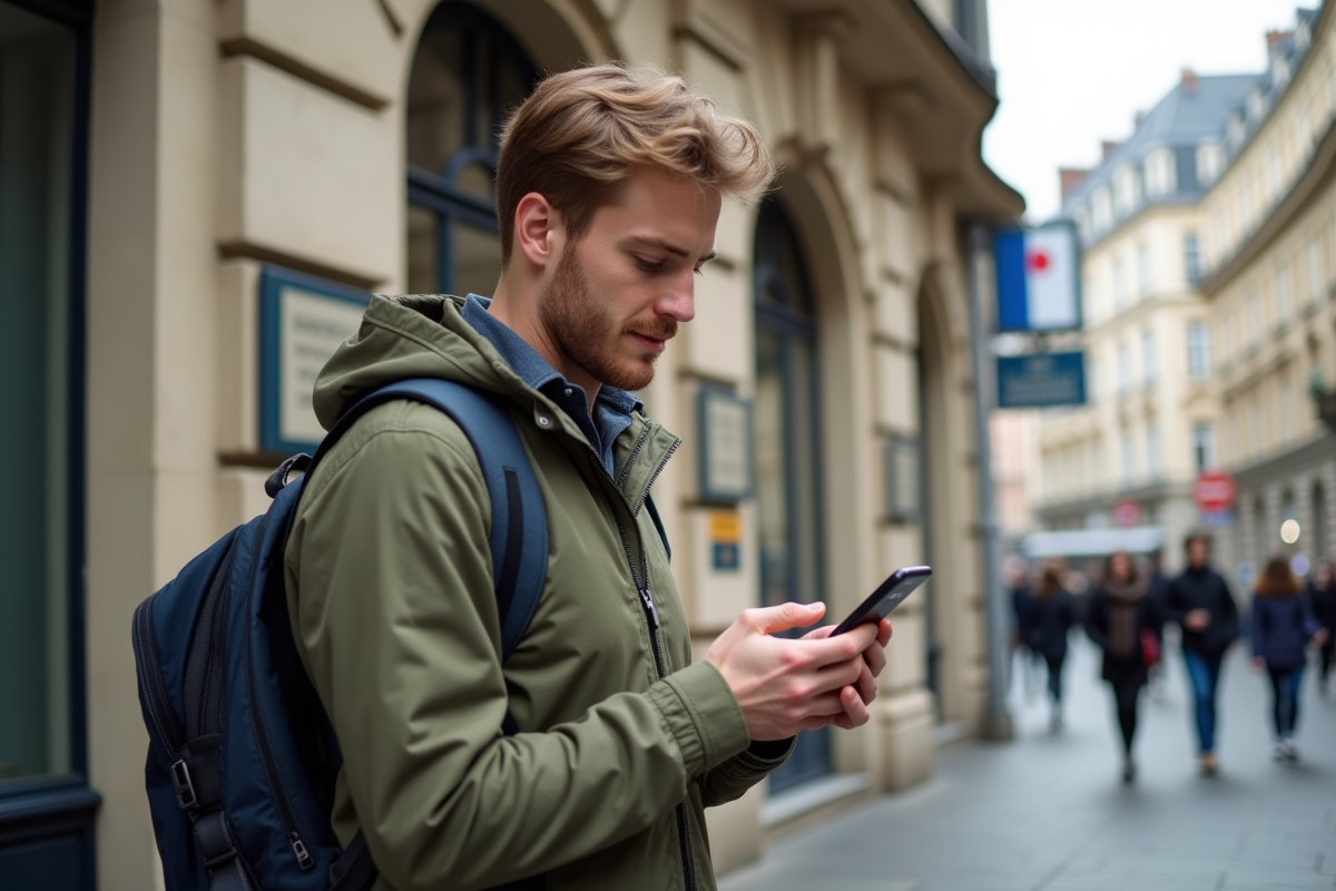 Jeune homme vérifiant une confirmation sur son smartphone devant la préfecture