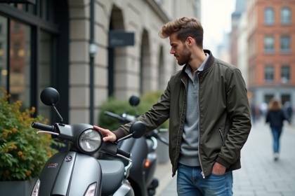 Jeune homme compare deux scooters en ville