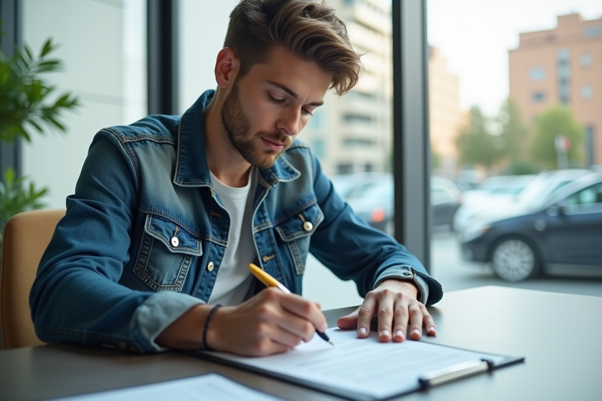 Jeune homme signant un document d'assurance voiture dans un bureau