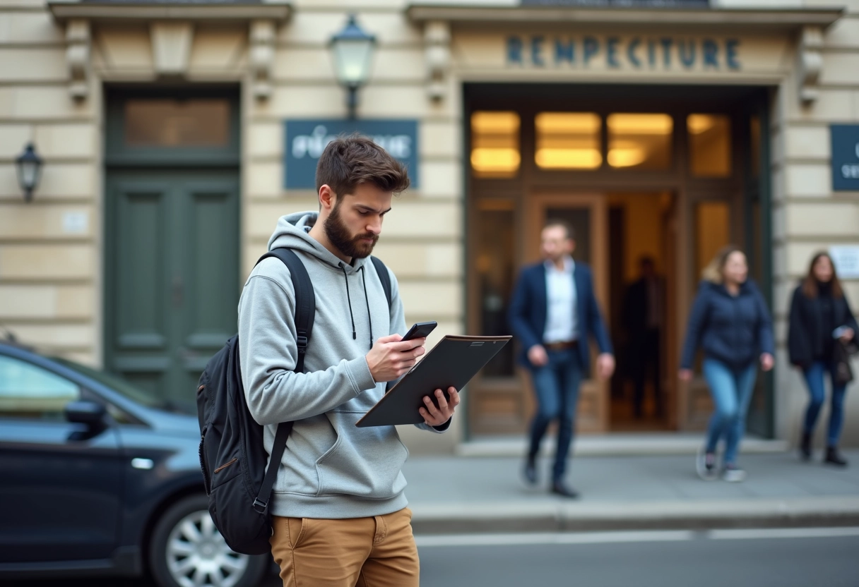 Jeune homme vérifiant son smartphone devant une préfecture
