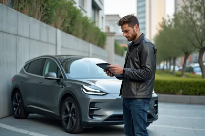 Jeune homme regardant une voiture électrique avec tablette