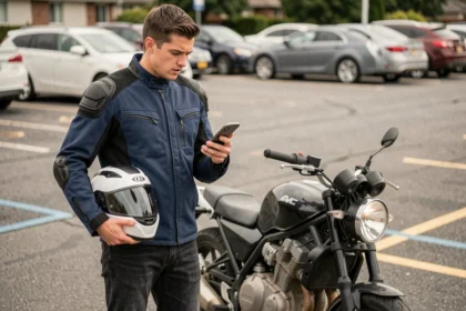 Jeune motard consultant son smartphone pour comparer des devis d'assurance moto après l'obtention du permis