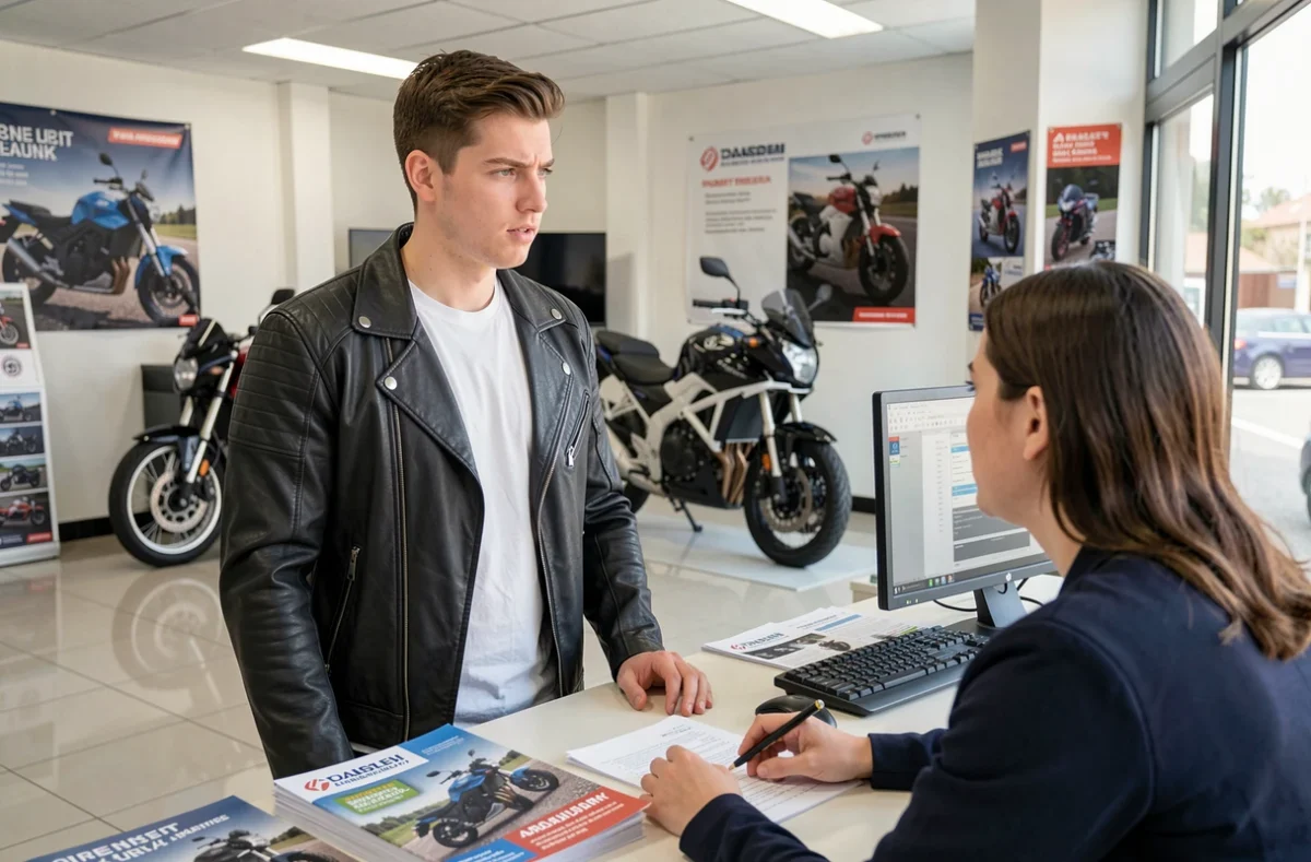 Jeune motard discutant du prix de son assurance moto avec un conseiller dans une concession automobile